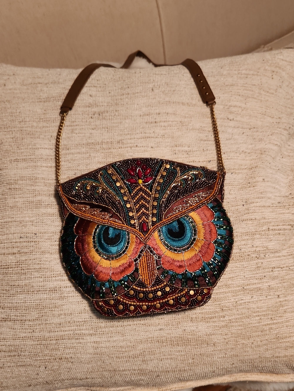 Mary Frances Beaded A Little Wiser Owl Crossbody in Teal, Blue, Gold and Orange